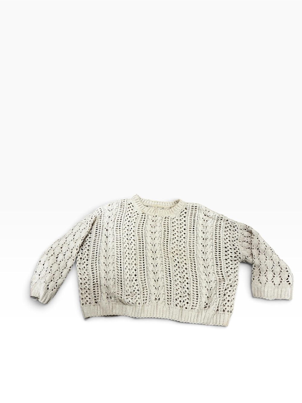 Women's Cream Openwork Crewneck Sweater. Layer Loose Fit